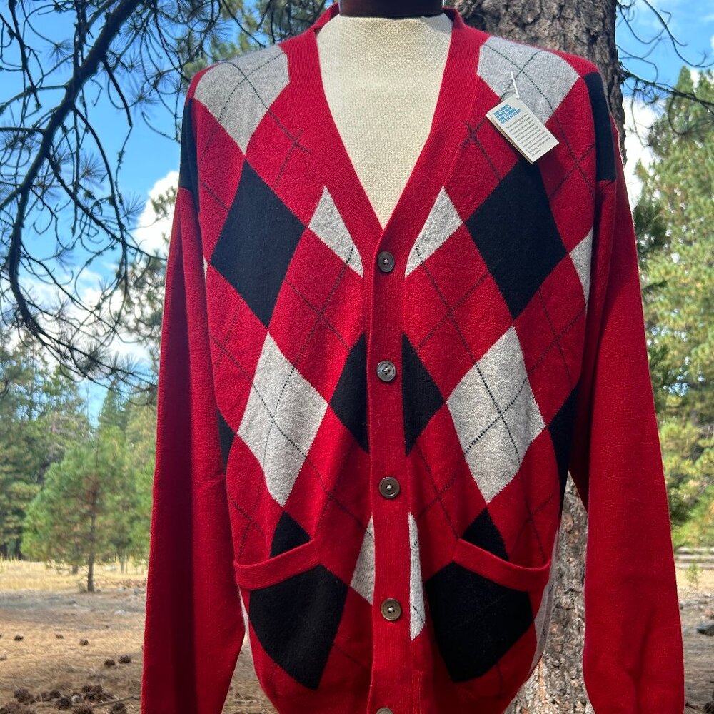 Pure Cashmere Scottish Men's Argyle Cardigan in Red XL NWT
